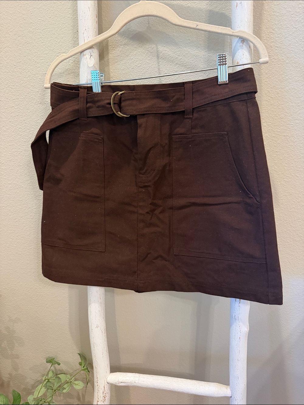 Women's Dark Brown Belted Mini Skirt with Front Pockets 100% cotton NWT